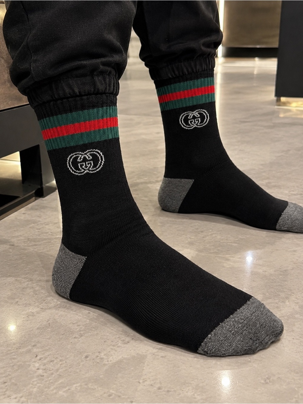 Gucci Black Crew Socks with Green & Red Stripes